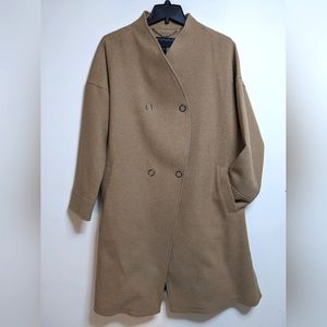 NWOT Bernardo Tan Double-Breasted Wool Coat Knee-length Stand Collar Size S